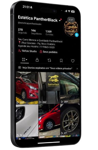 Perfil do TikTok da PantherBlack Estética Automotiva no celular